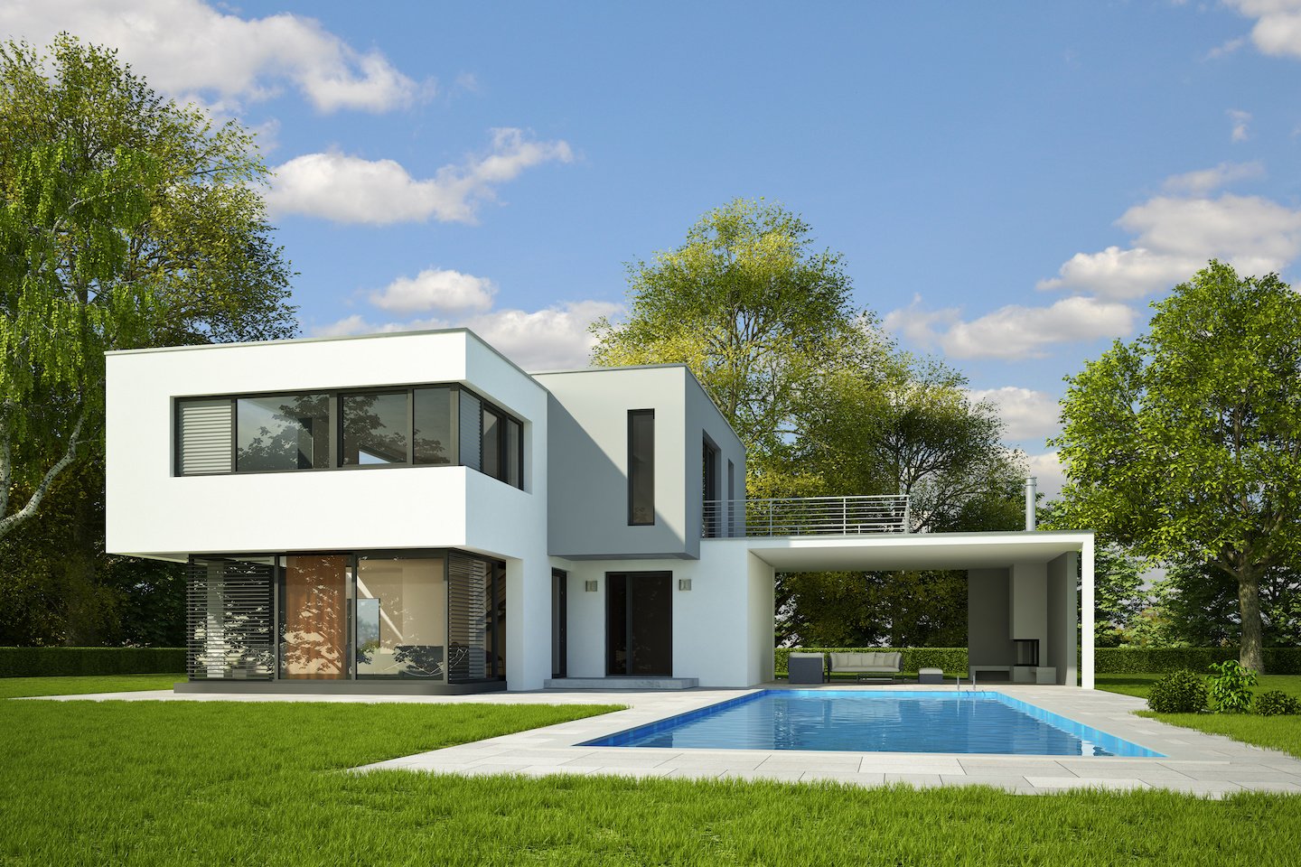 Kubus weiss_grau mit Pool am Tag Villa Serena
